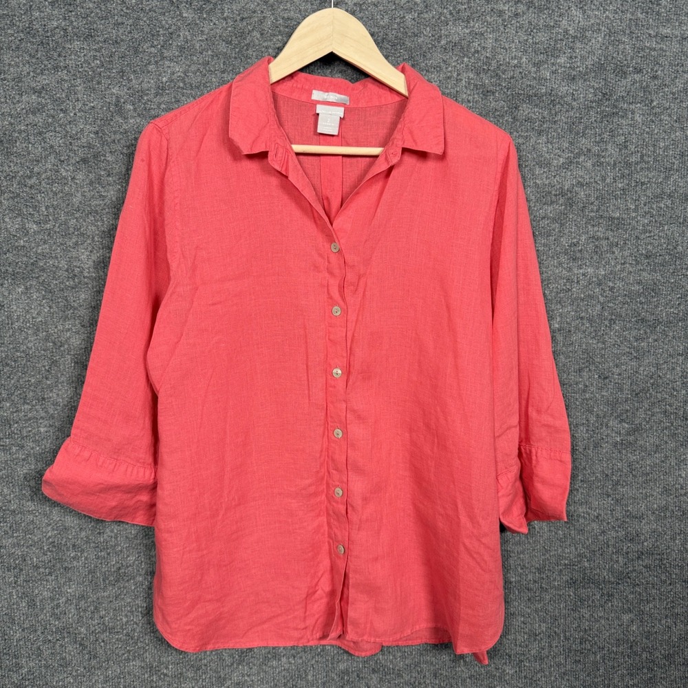 Chico's Womens‎ 2 US Large Shirt Blouse Orange Linen Button Up Roll Tab Sleeves